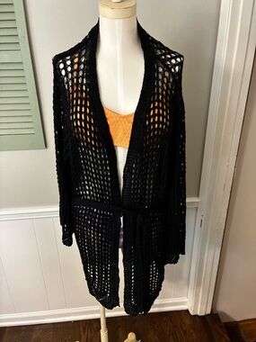 Black Open-Knit Swim Coverup with Tie Belt